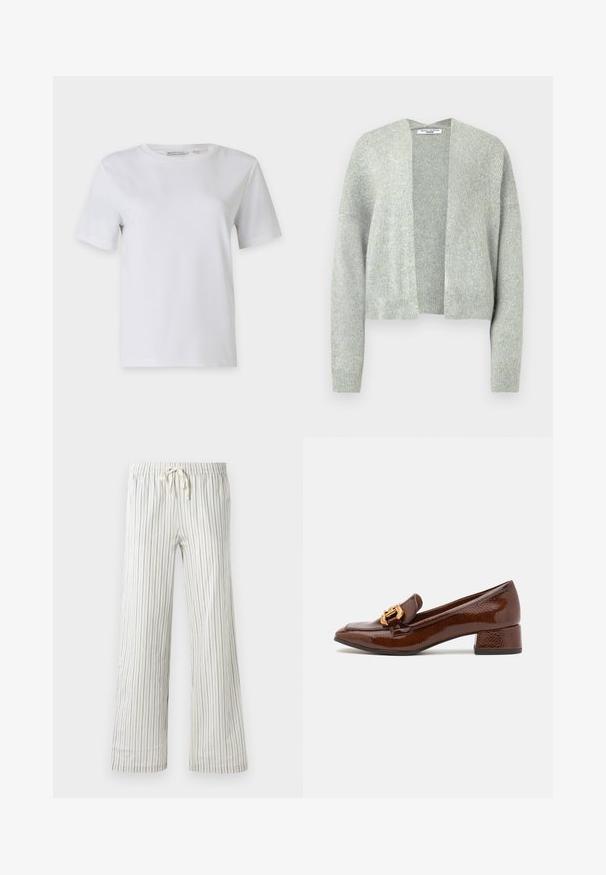 Jasnoszary sweter z dzianiny z otwartym przodem, opadającymi ramionami i ribbami na mankietach. Miękka tekstura z delikatnym melanżowym wzorem.; Biała koszulka z krótkim rękawem wykonana z gładkiej bawełny. Ma okrągły dekolt i prosty dół, bez wzorów i zdobień.; Białe spodnie dresowe ze sznurkiem w talii, z cienkimi pionowymi niebieskimi paskami, wyeksponowane z przodu na jednolitym tle.; Brązowe skórzane loafersy o błyszczącym wykończeniu, z dekoracyjnym złotym zapięciem z przodu i niskim obcasem. Klasyczny design.