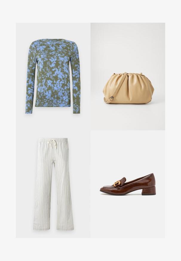 Světle šedý pletený cardigan s otevřeným předním dílem, spadlými rameny a žebrovanými manžetami. Měkká textura s jemným melírováním.; Dlouhý rukáv tričko v olivově zelené barvě s modrým tie-dye vzorem. Má kulatý výstřih a jemnou texturu. Vhodné pro neformální nošení.; Bílé kalhoty na šňůrku s tenkými vertikálními modrými pruhy a elastickým pasem, zobrazené čelním pohledem na jednobarevném pozadí.; Hnědé kožené mokasíny s lesklým povrchem, se zdobnou zlatou sponou na přední straně a nízkým blokovým podpatkem. Klasický design.; Kožená taška v tan barvě s plisovaným designem, nastavitelným popruhem a zaobleným tvarem. Minimalistické logo na přední straně.
