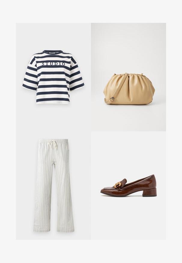 Vaaleanharmaa neulottu kardigan, jossa on avoin etuosa, tiputettu olkapäät ja ribbireunat. Pehmeä rakenne, jossa on hienovarainen sekoituskuvio.; Raidallinen t-paita tummansinisellä ja valkoisella, jossa on pyöreä pääntie ja lyhyet hihat. Keskellä brodeerattu teksti "STUDIO". Rentoa istuvuutta.; Valkoiset naruhousut, joissa on ohuet pystysuorat siniset raidat ja joustava vyötärö, esitetty eteenpäin näkymässä sileällä taustalla.; Ruske nahkasaapad läikiva viimistlusega, millel on ees dekoratiivne kuldne klamber ja madal plokkkonts. Klassikaline disain.; Käsintehty ruskea nahkakäsilaukku, jossa on poimutettu muotoilu, säädettävä olkahihna ja pyöreä muoto. Minimalistinen brändäys etupinnalla.