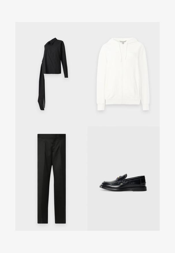 White zip-up hoodie made of soft fabric, featuring a hood, two front pockets, ribbed cuffs, and a small logo on the left chest.; Black long-sleeve shirt made of smooth fabric, featuring a collar, asymmetrical design, and a long side tie for detail.; Black trousers featuring a smooth fabric, tailored design, straight legs, and a flat waistband with no visible closures or pockets.; Black leather loafer featuring a stitched design, a small front flap, and a flat rubber sole. Smooth texture with gold-tone hardware accent.