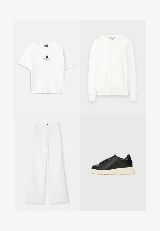 Hvit hettejakke med glidelås laget av myk stoff, med hette, to frontlommer, ribbede mansjetter og en liten logo på venstre bryst.; Hvit bomull t-skjorte med løs passform, med en svart grafisk trykk i midten som inkluderer tekst og en silhuett-design.; Emporio Armani 5 TASCHE - Bukse - bianco caldo; Sorte lær sneakers med teksturert overflate, med rund tå, seks svarte hull for snøring, og en hvit gummisåle med riller.