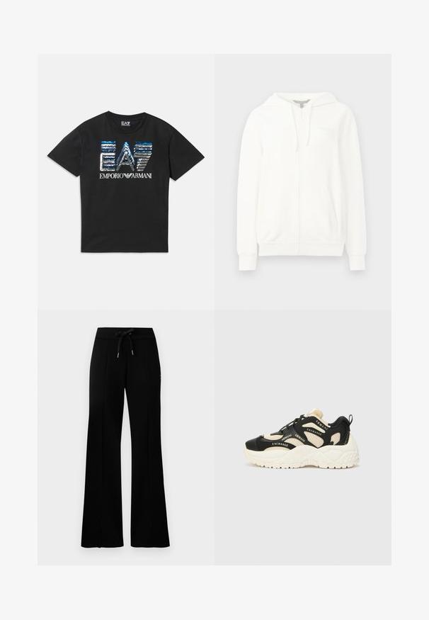 Baltas užtrauktukas džemperis, pagamintas iš minkštos medžiagos, su kapišonu, dviem priekinėmis kišenėmis, raukšlėtomis rankovėmis ir mažo logotipo ant kairiojo krūtinės.; Juoda trumpo rankovio marškinėliai su mėlynu ir sidabriniu blizgučių "EA7" logotipu ir baltu "Emporio Armani" tekstu priekyje.; Juodi platūs sportiniai kelnių su raišteliu liemeniu, šoninėmis įpjovomis, minkšta medžiaga ir elegantiškas dizainas.; Juodos ir grietinėlės spalvos sportbačiai su tekstūruota padu, tinkliniais elementais ir prekės ženklu pažymėtomis detalėmis. Apvalus nosis ir veržimosi dizainas. Reguliuojama kulno juostelė.