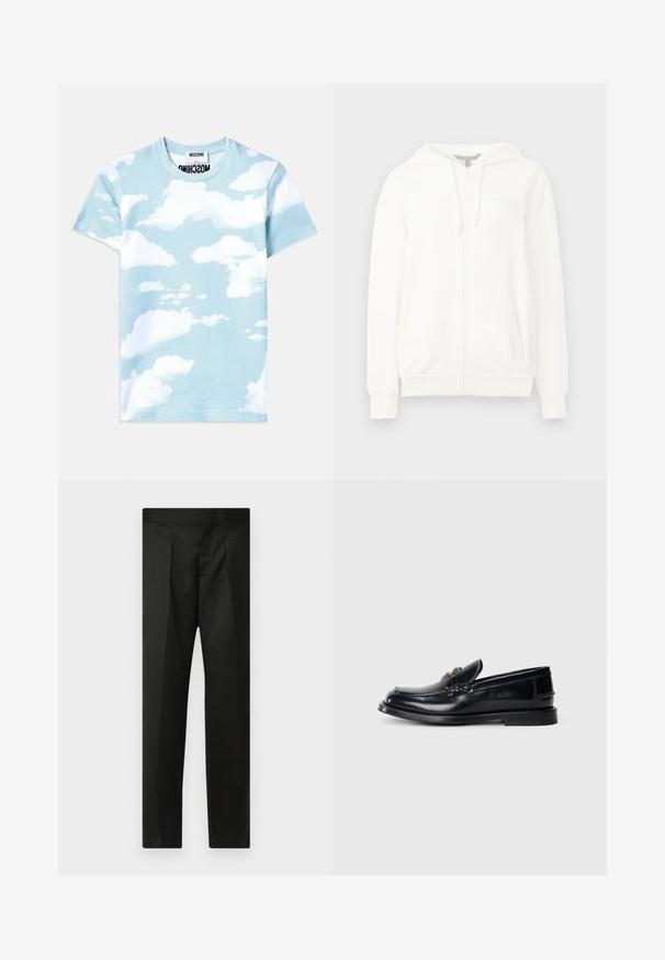 Hvid zip-up hoodie lavet af blødt stof, med en hætte, to forlommer, ribbede manchetter og et lille logo på venstre bryst.; Lyseblå bomulds t-shirt med et skyprintdesign i forskellige nuancer af hvid. Klassisk rund hals og korte ærmer.; Sorte bukser med en glat stof, skræddersyet design, lige ben og en flad talje uden synlige lukninger eller lommer.; Sort læderloafers med stikninger, lille forsideklap og flad gummisål. Glat overflade med hardware i guldtoner.