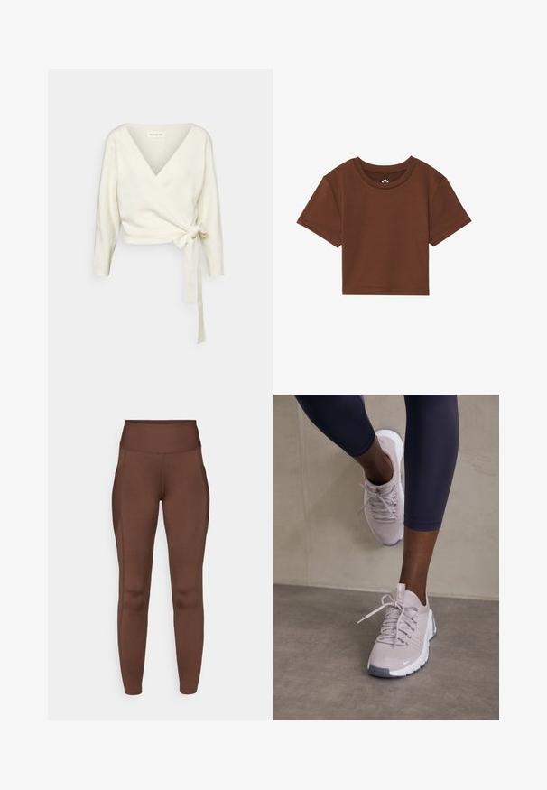 Valge, mähisstiilis sviiter, mis on valmistatud pehmest ja tekstureeritud kangast. Omab sügavat V-kaelust ja pikki varrukaid, millel on lipsu detail vöökoha juures.; Pruun lühikeste varrukatega lühike T-särk, mis on valmistatud pehmest kangast, omab ümmargust kaelust ja puhtaid õmblusi ilma mustrite või aktsentideta.; Pruunid venivad retuusid kõrge vöökohaga, millel on küljetaskud ja sile pind. Õmbluse detail rõhutab kuju.; Heledad hallid spordijalatsid tekstuurse ülemise osa, nööbiga sulgemise ja valge tallaga, kombineeritud tumedate retuusidega. Minimalistlik disain ja sujuvad aktsendid.