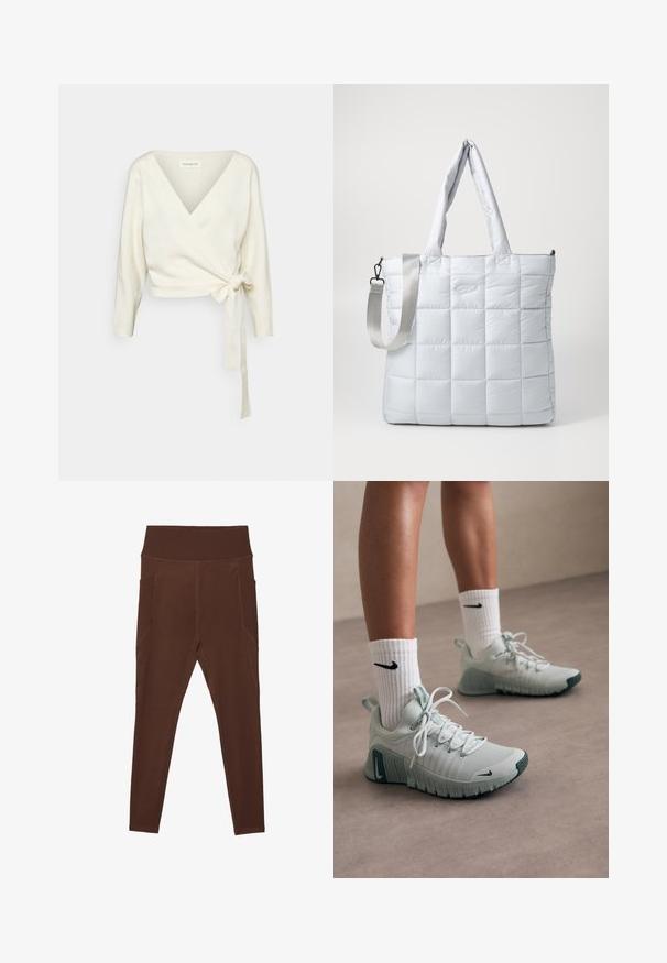 Fehér, bata-stílusú pulóver, puha, texturált anyagból készült. Mély V-nyakkivágással és hosszú ujjal rendelkezik, derékban pedig itt egy megkötő rész található.; Barna, rövid ujjú crop T-shirt, puha anyagból készült, kerek nyakkivágással és tiszta varrással, minták vagy díszítések nélkül.; Barna leggings rugalmas anyagból, bordás, magas derékkal és oldalsó zsebekkel. Lapvezető varratokkal a megnövelt tartósság érdekében.; Világosszürke sportcipők texturált anyagból, fehér fűzőkkel és zöld talppal. Fehér bordázott zoknival párosítva, fekete logóval.; Tapintású, könnyű szürke, steppelt bevásárlószatyor két vállpánttal és leválasztható keresztpántos vállpánttal, sima, párnázott felülettel és diszkrét logódísszel.