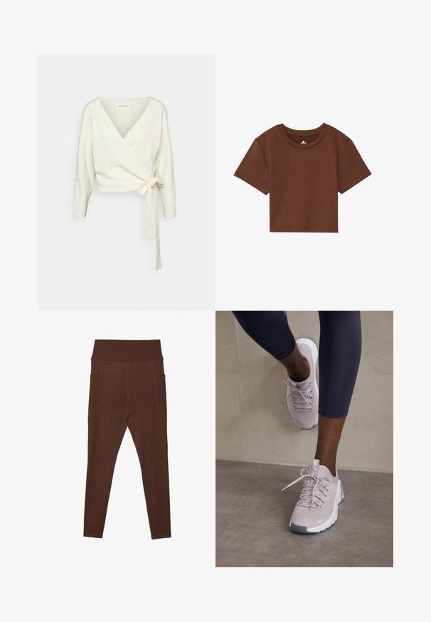 Balta, susukta stiliaus megztinis, pagamintas iš švelnaus, tekstūrinio audinio. Turi giliai V formos iškirptę ir ilgas rankoves su užrišimo detale ties liemenu.; Raudonas trumpų rankovių apkarpytas marškinėliai, pagaminti iš minkštos medžiagos, su apvalia iškirpte ir švariu siuvimu be raštų ar akcentų.; Rudos leggingai, pagaminti iš tamprios medžiagos, su pregimu aukštu juosmeniu ir šoninėmis kišenėmis. Ypatumai - plokščios siūlės, užtikrinančios papildomą patvarumą.; Šviesiai pilki sportiniai bateliai su tekstūruota viršutine dalimi, su raištelių uždarymu ir balta paveikslu, derinami su tamsiomis leggingais. Minimalistinis dizainas ir lygūs akcentai.