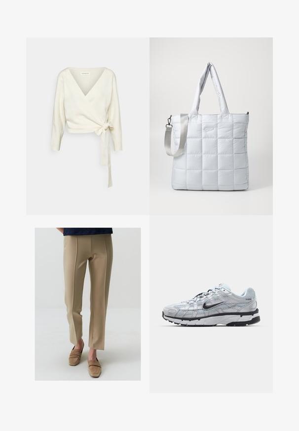 Weißer, Wickel-Style Pullover aus weichem, strukturiertem Material. Hat einen tiefen V-Ausschnitt und lange Ärmel mit einer Bindegarnitur an der Taille.; Braunes kurzärmliges, tailliertes T-Shirt aus weichem Stoff, mit einem runden Halsausschnitt und sauberer Nahtführung ohne Muster oder Akzente.; Beige maßgeschneiderte Hose mit glatter Textur, flacher Vorderseite und dezenten seitlichen Schlitzn am Saum, kombiniert mit hellbeigen Slippern.; Nike P-6000 Sneakers mit einem Obermaterial aus leichtem grauem Mesh, schwarzen Akzenten und einer langlebigen schwarzen Gummisohle. Verfügt über ein komplexes Design und ein Schnürsystem.; Gepolsterte, hellgraue Tragetasche mit zwei Schultertragegriffen und einem abnehmbaren Schultergurt, ausgestattet mit einer glatten, gepolsterten Textur und einem dezenten Logodesign.