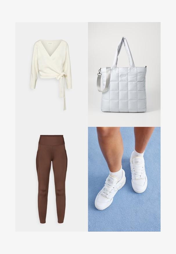 Maglione bianco avvolgente realizzato in un morbido tessuto testurizzato. Presenta un profondo scollo a V e maniche lunghe con un dettaglio a fiocco in vita.; T-shirt corto a maniche corte di colore marrone, realizzato in un tessuto morbido, con scollatura rotonda e cuciture pulite, privo di schemi o decorazioni.; Leggings marroni elasticizzati con vita alta, dotati di tasche laterali e texture liscia. Il dettaglio delle cuciture valorizza la forma.; Gambe che indossano sneakers bianche New Balance e calze bianche, in piedi su un pavimento texturizzato di azzurro chiaro.; Borsa tote trapuntata grigia chiara con due manici per spalla e una tracolla staccabile, caratterizzata da una texture liscia e imbottita e un discreto dettaglio del logo.