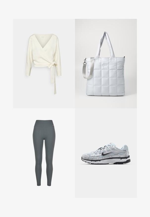 Hvit, innpakningsstil genser laget av myk, teksturert stoff. Har en dyp V-hals og lange ermer med et beltedetalj i midjen.; Brun kortermet cropped T-skjorte laget av myk stoff, med rund halslinning og rene sømmer uten mønstre eller detaljer.; Ribbestrikkede tights i mørkegrå farge, med høy midje, elastisk stoff og en tettsittende design. Ingen synlige logoer eller mønstre.; Nike P-6000 sneakers med en lys grå mesh-overdel, sorte detaljer og en slitesterk svart gummisåle. Har et intrikat design og snøresystem.; Quiltet lys grå toteveske med to skulderhåndtak og en avtakbar crossover-rem, med en glatt, polstret tekstur og subtil logo-detalj.