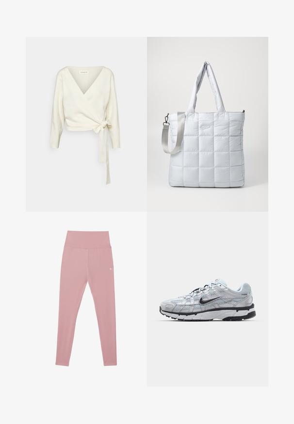 Fehér, bata-stílusú pulóver, puha, texturált anyagból készült. Mély V-nyakkivágással és hosszú ujjal rendelkezik, derékban pedig itt egy megkötő rész található.; Barna, rövid ujjú crop T-shirt, puha anyagból készült, kerek nyakkivágással és tiszta varrással, minták vagy díszítések nélkül.; Rózsaszín, magas derekú leggings rugalmas anyagból, sima textúrával és kis logó részlettel a deréknál.; Nike P-6000 sportcipő, világosszürke hálós felsőrésszel, fekete részletekkel és tartós fekete gumitalppal. Bonyolult dizájnnal és fűzőrendszerrel rendelkezik.; Tapintású, könnyű szürke, steppelt bevásárlószatyor két vállpánttal és leválasztható keresztpántos vállpánttal, sima, párnázott felülettel és diszkrét logódísszel.