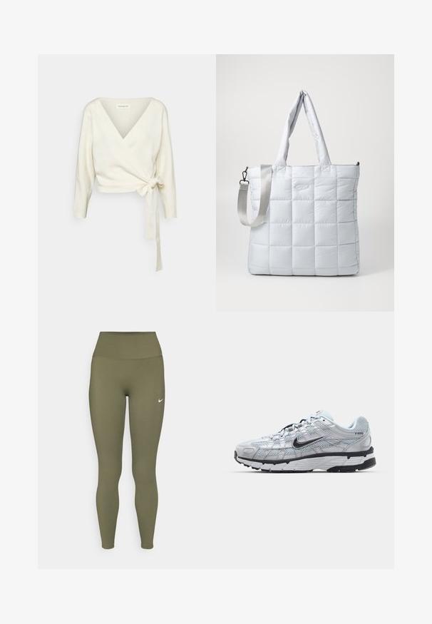 Biały sweter w stylu kopertowym, wykonany z miękkiego, teksturowanego materiału. Posiada głęboki dekolt w serek oraz długie rękawy z wiązaniem w talii.; Brązowy krótki t-shirt z krótkim rękawem, wykonany z miękkiego materiału, z okrągłym dekoltem i starannym szyciem, bez wzorów ani akcentów.; Zielone oliwkowe legginsy z wysokim stanem, wykonane z gładkiego, elastycznego materiału, z małym białym logo blisko pasa.; Nike P-6000 sneakers z jasnoszarym siateczkowym wierzchem, czarnymi akcentami i trwałą czarną gumową podeszwą. Charakteryzują się skomplikowanym wzornictwem i systemem sznurowania.; Pikowana jasnoszara torba na ramię z dwoma rączkami na ramię i odczepianym paskiem na ramię, charakteryzująca się gładką, wyściełaną teksturą i subtelnym detalem logo.