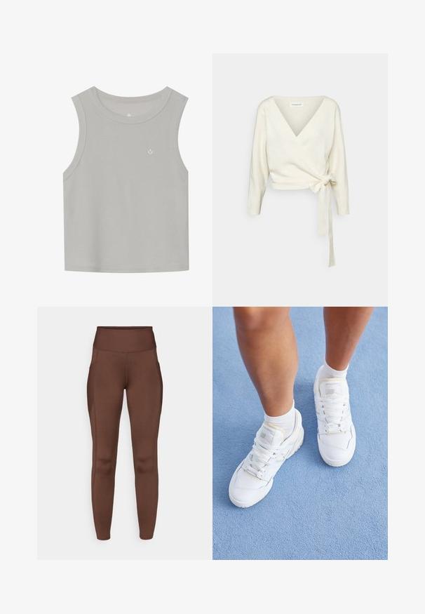 Witte, wikkelstijl trui van zacht, textuurstof. Heeft een diepe V-hals en lange mouwen met een strikdetail op de taille.; Lichtgrijze mouwloze tanktop van geribd materiaal; heeft een ronde halslijn en een klein wit logo op de voorkant. Eenvoudig ontwerp.; Bruine rekbare legging met een hoge tailleband, voorzien van zijzakken en een gladde textuur. Een naaddetail accentueert de vorm.; Benen in witte New Balance sneakers en witte sokken staan op een lichtblauwe, gestructureerde vloer.