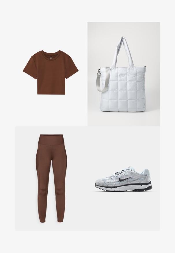 Weißer, Wickel-Style Pullover aus weichem, strukturiertem Material. Hat einen tiefen V-Ausschnitt und lange Ärmel mit einer Bindegarnitur an der Taille.; Braunes kurzärmliges, tailliertes T-Shirt aus weichem Stoff, mit einem runden Halsausschnitt und sauberer Nahtführung ohne Muster oder Akzente.; Braune, dehnbare Leggings mit hohem Bund, seitlichen Taschen und glatter Textur. Nahtdetails betonen die Form.; Nike P-6000 Sneakers mit einem Obermaterial aus leichtem grauem Mesh, schwarzen Akzenten und einer langlebigen schwarzen Gummisohle. Verfügt über ein komplexes Design und ein Schnürsystem.; Gepolsterte, hellgraue Tragetasche mit zwei Schultertragegriffen und einem abnehmbaren Schultergurt, ausgestattet mit einer glatten, gepolsterten Textur und einem dezenten Logodesign.