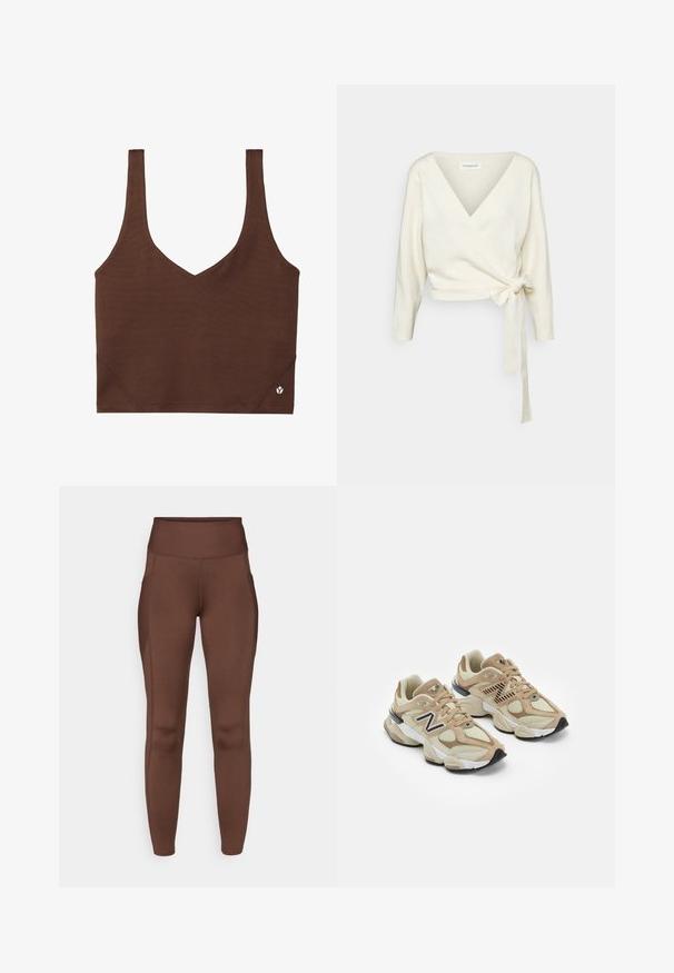 Weißer, Wickel-Style Pullover aus weichem, strukturiertem Material. Hat einen tiefen V-Ausschnitt und lange Ärmel mit einer Bindegarnitur an der Taille.; Braunes Crop-Top mit breiten Schulterriemen, V-Ausschnitt und kleinem weißem Logo unten rechts auf weißem Hintergrund.; Braune, dehnbare Leggings mit hohem Bund, seitlichen Taschen und glatter Textur. Nahtdetails betonen die Form.; Beige Sneaker aus Mesh- und Wildledermaterialien. Mit einem schwarzen Logo und strukturierten Akzenten. Dicke weiße Zwischensohle und schwarze Gummisohle.