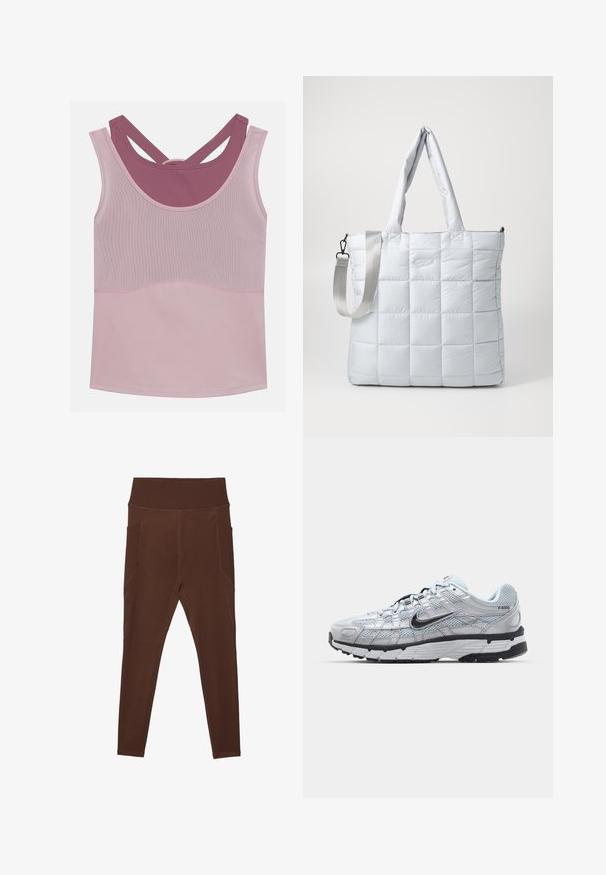 Suéter blanco de estilo envolvente, hecho de un tejido suave y texturizado. Cuenta con un profundo escote en V y mangas largas con un detalle de lazo en la cintura.; Even&Odd active Top - light pink/mauve; Leggings marrones hechos de un material elástico con una cintura alta acanalada y bolsillos laterales. Con costuras planas para mayor durabilidad.; Zapatillas Nike P-6000 con parte superior de malla gris claro, acentos negros y suela de goma negra duradera. Presentan un diseño intrincado y un sistema de cordones.; Bolso tote acolchado de color gris claro con dos asas para el hombro y una correa cruzada desmontable, que presenta una textura lisa y acolchada y un sutil detalle de logo.