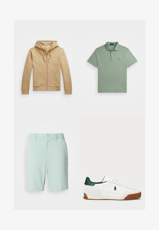 Hanorac crem cu fermoar, cu un glugă stratificată și șnururi, buzunare frontale, manșete ribbate și un logo alb mic pe piept. Textură netedă.; T-șirt polo verde cu dungi albe, mâneci scurte și o plachetă cu trei butoane. Are un mic logo pe pieptul stâng. Textură din amestec de bumbac.; Shorts de culoare albastru deschis, fabricate dintr-un material neted, cu un sistem de închidere cu nasture, buzunare frontale și un tiv confortabil, fără modele vizibile.; Tenisii albi cu accente din piele verde și o talpă din cauciuc bej. Au un corp din material textil și un logo proeminent pe latură. Design cu șireturi.