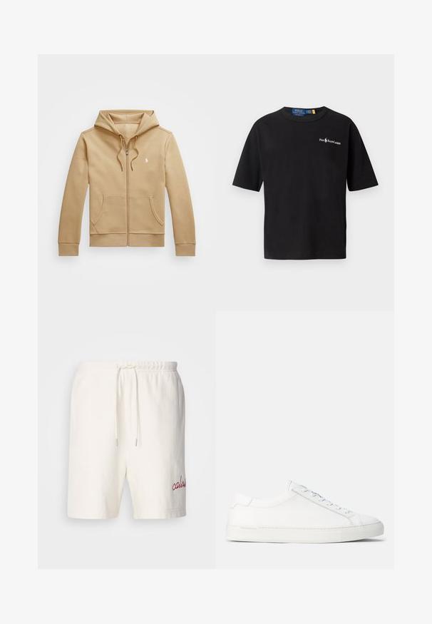 Sudadera con cremallera color beige, con una capucha en capas y cordones, bolsillos frontales, puños acanalados y un pequeño logo blanco en el pecho. Textura suave.; Camiseta de algodón negra de manga corta, con cuello redondo y un logo blanco en el lado izquierdo del pecho que presenta el texto "Polo Ralph Lauren".; Pantalones cortos de algodón blancos con cinturilla elástica y cordón ajustable. Presenta el bordado en rojo de "calvin" en la pierna izquierda. Textura suave, diseño simple.; Zapatillas deportivas de cuero blancas con una textura suave, forma redondeada, suela plana de goma y cordones blancos. Presentan un diseño minimalista y una marca sutil.