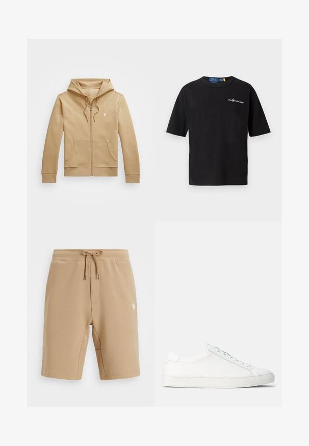 Tan zip-in gjenganger med lagdelt hette og snor, frontlommer, ribbede mansjetter, og en liten hvit logo på brystet. Glatt tekstur.; Svart bomull T-skjorte med korte ermer, rund hals og en hvit logo på venstre bryst med teksten "Polo Ralph Lauren".; Beige bomullsshorts med elastisk midje og snor. Har sidelommer og en liten hvit logo på venstre lår.; Hvite lær sneakers med en jevn tekstur, rund form, flat gummisåle og hvite snører. Har et minimalistisk design og subtil merking.