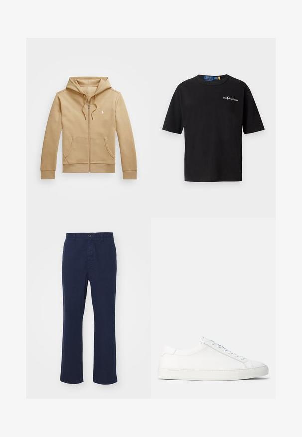 Smėlio spalvos užtrauktuku užsegamas džemperis su sluoksniuota kapišonu ir raišteliais, priekinėmis kišenėmis, elastingomis rankogaliais ir mažyte balta logotipu ant krūtinės. Lygus paviršius.; Juodas medvilninis marškinėliai trumpomis rankovėmis, apvaliu kaklu, su baltu logotipu kairėje krūtinės pusėje, kuriame užrašyta "Polo Ralph Lauren".; Tamsiai mėlynos medvilnės kelnės su tiesiomis kojomis, su priekiniais sagčių užsegimais ir šoninėmis kišenėmis. Lygus paviršius su minimaliais ornamentais.; Balti odiniai sportbačiai su lygiu paviršiumi, apvalia forma, plokščiu guminiu padu ir baltais raišteliais. Pasižymi minimalistiniu dizainu ir subtiliu ženklinimu.