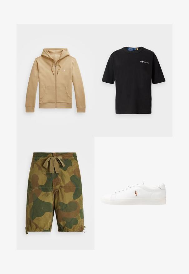 Sudadera con cremallera color beige, con una capucha en capas y cordones, bolsillos frontales, puños acanalados y un pequeño logo blanco en el pecho. Textura suave.; Camiseta de algodón negra de manga corta, con cuello redondo y un logo blanco en el lado izquierdo del pecho que presenta el texto "Polo Ralph Lauren".; Pantalones cortos de camuflaje en tonos de verde y marrón, fabricados en tejido ligero, con cintura de cuerda y detalles de dobladillo fruncido.; Zapatillas de cuero blancas, diseño de corte bajo, con una textura suave, puntera redonda, cordones en la parte delantera y un pequeño logo bordado en el lateral.