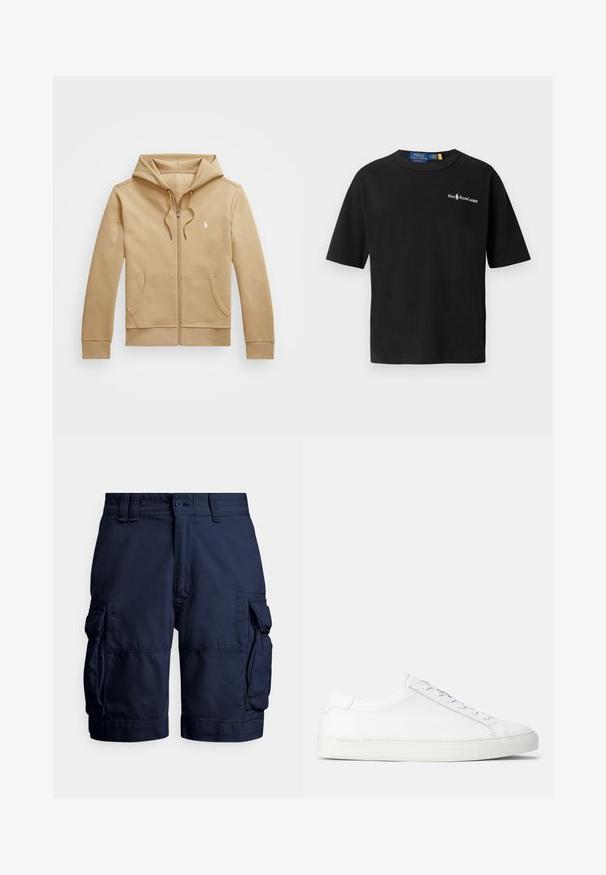 Krem kapućo s patentnim zatvaračem, s višeslojnom kapuljačom i vezicama, prednjim džepovima, rebrastim manžetama i malim bijelim logotipom na prsima. Glatka tekstura.; Crna pamučna majica s kratkim rukavima, okruglim izrezom i bijelim logotipom na lijevoj strani prsiju s natpisom "Polo Ralph Lauren".; Tamnoplave cargo hlače od izdržljive tkanine, s bočnim džepovima, zatvaranjem na kopče i prošivom za teksturu.; Bijele kožne tenisice s glatkom teksturom, zaobljenim oblikom, ravnim gumenu potplatom i bijelim vezicama. Karakterizira ih minimalistički dizajn i suptilan brend.