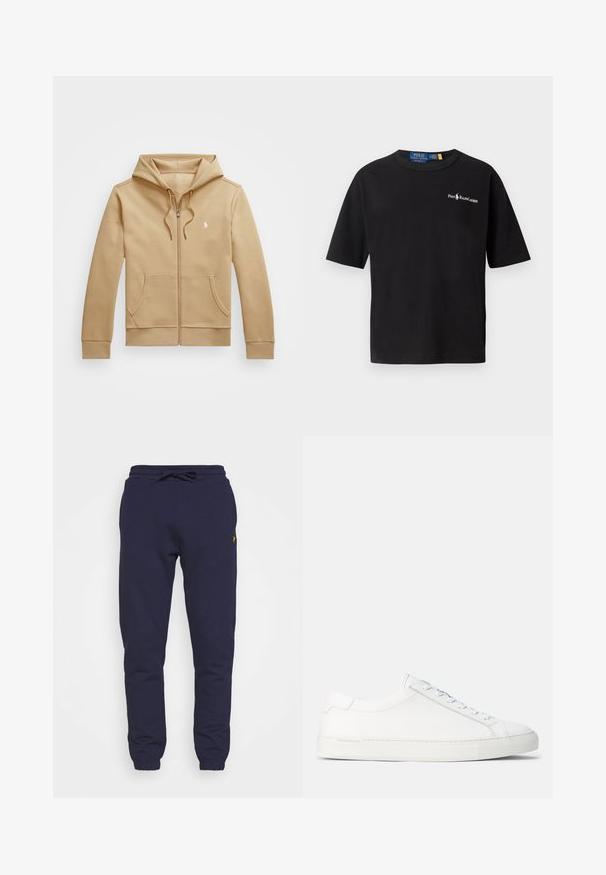 Tan zip-up hoodie with a layered hood and drawstrings, front pockets, ribbed cuffs, and a small white logo on the chest. Smooth texture.; Black cotton t-shirt with short sleeves, crew neck, and a white logo on the left chest featuring "Polo Ralph Lauren" text.; Lyle & Scott SLIM - Tracksuit bottoms - navy; White leather sneakers with a smooth texture, rounded shape, flat rubber sole, and white laces. Features minimalistic design and subtle branding.