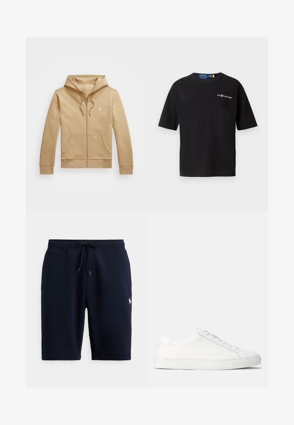 Hnědá mikina na zip s vrstvovou kapucí a šňůrkami, předními kapsami, ribovanými manžetami a malým bílým logem na hrudi. Hladký povrch.; Černé bavlněné tričko s krátkými rukávy, kulatým výstřihem a bílým logem na levé straně hrudi se textem "Polo Ralph Lauren".; Tmavě modré bavlněné sportovní šortky s elastickým pasem, šňůrkou na stažení a logem na levé straně. Hladká textura, délka ke kolenům.; Bílé kožené tenisky s hladkým povrchem, zaobleným tvarem, plochou gumovou podrážkou a bílými tkaničkami. Mají minimalistický design a jemné logo.