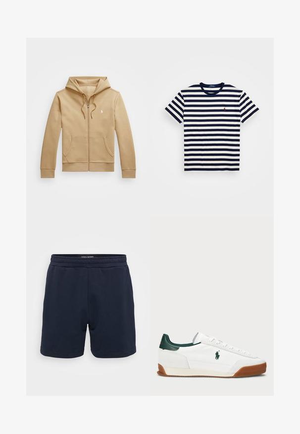 Barna zipzáras kapucnis pulóver, rétegezett kapucnival és húzókábellel, elülső zsebekkel, bordázott mandzsettákkal és egy kis fehér logóval a mellkasán. Simaság kedvező tapintás.; Tengeri és fehér csíkos, rövid ujjú póló, amely pamutból készült, kerek nyakkivágással és kis piros hímzett logóval a mellkason.; Sötétkék pamut rövidnadrág, elasztikus derékkal, sima textúrával és steppelt szegésekkel. Kis márkalogó az oldalon.; Fehér sneaker zöld bőr részletekkel és homokszínű gumitalppal. Textilből készült, oldalt kiemelkedő logóval. Fűzős kialakítás.