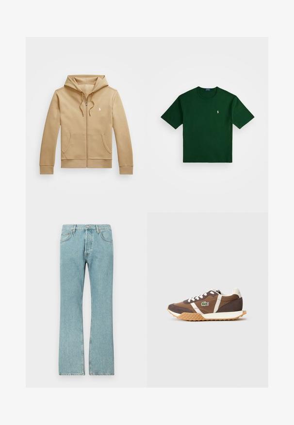 Kreemikas zip-up fliis, millel on kihiline kapuuts ja nööridega, ees taskud, soonikkoes mansetid ning rindkeres väike valge logo. Sujuv tekstuur.; Polo Ralph Lauren RELAXED FIT LOGO JERSEY T-SHIRT - Trükipildiga T-särk - northwest pine; Heledsinised denim püksid sirge säärega disainiga, viie tasku ja nööbiga sulgemisega. Nähtav õmblemine ja kulunud serva detail.; Pruunid spordijalatsid valgete aktsentidega, valmistatud nahast ja tekstiilist. Neil on tekstureeritud kummitald ja Lacoste logo küljel.