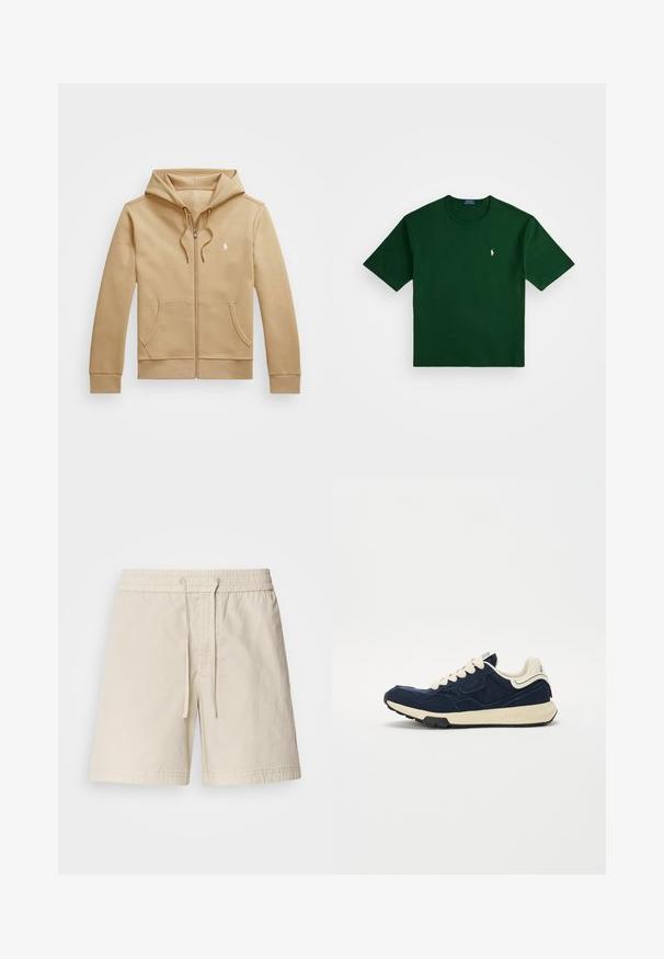 Gaišais brūns kapuce-svārku ar slēdzamu rāvējslēdzēju, ar vairākiem slāņiem kapuces un auklām, priekšējām kabatām, ribotiem piedurknēm un mazu baltu logotipu uz krūtīm. Gluda tekstūra.; Polo Ralph Lauren RELAXED FIT LOGO JERSEY T-SHIRT - Apdrukāts T-krekls - northwest pine; Gaiši bēša kokvilnas šorti ar elastīgu jostasvietu, auklas aizdari un sānu kabatām. Gluda priekšējā daļa ar vienkāršu šūšanas detaļu.; Tumši zili sporta apavi ar teksturētu zamša augšdaļu, krēmkrāsas šņorēm un bēšu vidusdaļu. Iespējo klasisku sporta dizainu un gumijas zoli.