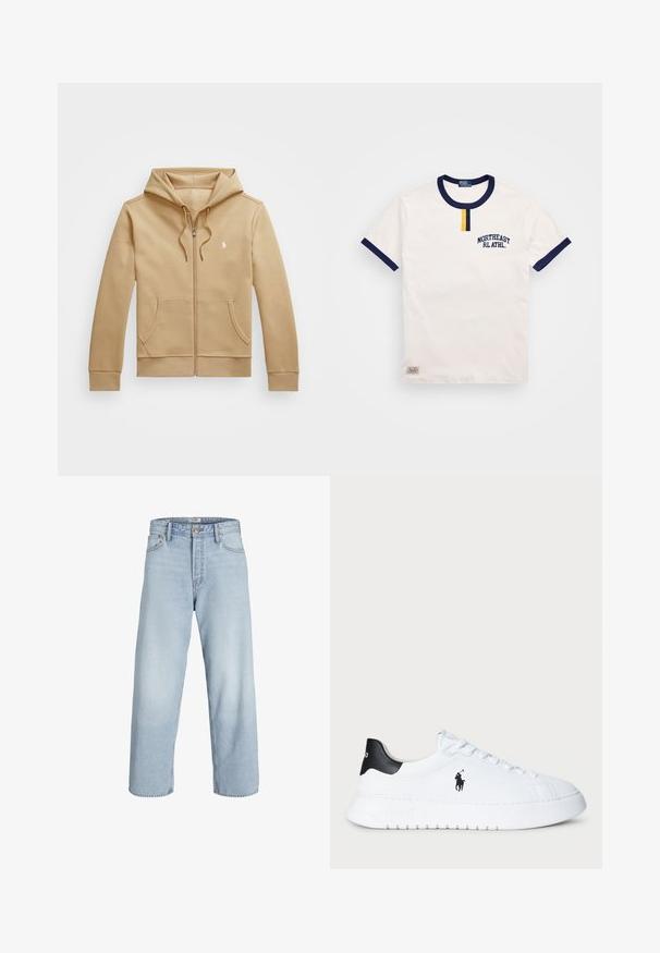 Smėlio spalvos užtrauktuku užsegamas džemperis su sluoksniuota kapišonu ir raišteliais, priekinėmis kišenėmis, elastingomis rankogaliais ir mažyte balta logotipu ant krūtinės. Lygus paviršius.; Balti medvilninis marškinėliai su tamsiai mėlynu apvaliu apykakle ir rankovių akcentais. Papuošti maža geltona mygtuko detale ir išsiuvinėtu užrašu "NORTHEAST RL ATHL."; Šviesiai mėlyni džinsai su aukštu juosmeniu, plačiomis kojomis ir tiesiu kirpimu. Įrengtas klasikinis mygtuko užsegimas ir penkių kišenių dizainas.; Balti žemesnio profilio sportiniai bateliai su juodu kulno užtrauktuku ir juodu Polo Ralph Lauren logotipu šone, su baltais raišteliais ir storu guminiu padu.
