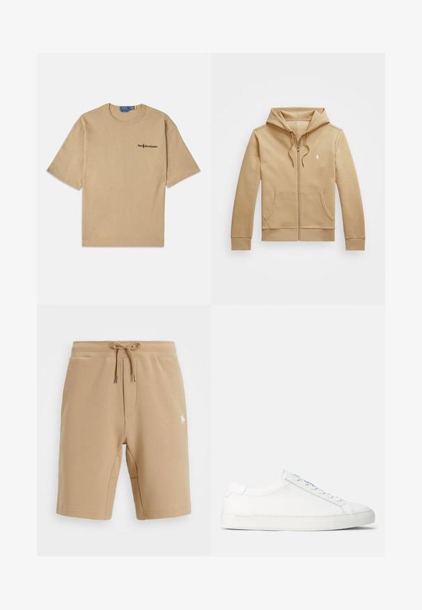 Gaišais brūns kapuce-svārku ar slēdzamu rāvējslēdzēju, ar vairākiem slāņiem kapuces un auklām, priekšējām kabatām, ribotiem piedurknēm un mazu baltu logotipu uz krūtīm. Gluda tekstūra.; Beige kokvilnas T-krekls ar īsām piedurknēm, apaļu dekoltē un mazu melnu logo kreisajā krūtīs. Mīksta tekstūra.; Beige kokvilnas šorti ar elastīgu jostu un virvīti. Iezīmētas ar sānu kabatām un mazu baltu logotipu kreisajā augšstilbā.; Biezi baltas ādas tenisi, ar gludu tekstūru, noapaļotu formu, plakanu gumijas zoli un baltām šņorēm. Iezīmē minimālistisku dizainu un diskrētu zīmolu.