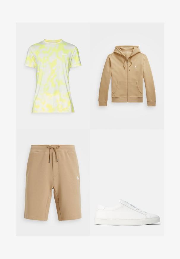 Beżowa bluza rozpinana z warstwowym kapturem i sznurkiem, przednie kieszenie, ściągacze przy mankietach oraz małe białe logo na klatce piersiowej. Gładka faktura.; T-shirt z krótkim rękawem, dopasowany, wykonany z lekkiego materiału, w białej kolorystyce z żółtymi abstrakcyjnymi wzorami oraz małym logo "BORG" na piersi.; Beżowe szorty bawełniane z elastycznym pasem i sznurkiem do regulacji. Posiadają boczne kieszenie oraz małe białe logo na lewej udzie.; Białe skórzane sneakersy o gładkiej fakturze, zaokrąglonym kształcie, płaskiej gumowej podeszwie i białych sznurowadłach. Charakteryzują się minimalistycznym designem i subtelnym logo.