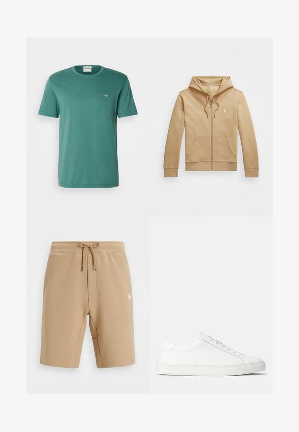 Vaaleanruskea vetoketjullinen huppari, jossa on kerroksellinen huppu ja nyörit, etutaskut, ribbaahtuvat hihansuut ja pieni valkoinen logo rinnassa. Sileä pinta.; Vihreä puuvillapaita, jossa on pyöreä kaula-aukko ja lyhyet hihat. Paitassa on pieni brodeerattu logo rinnassa. Tasainen pinta, rento istuvuus.; Beige puuvillashortsit, joissa on joustava vyötärö ja naru. Ominaisuuksiin kuuluu sivutaskut ja pieni valkoinen logo vasemmassa reidessä.; Valkoiset nahkakengät, joissa on sileä pinta, pyöreä muoto, tasainen kumipohja ja valkoiset nauhat. Ominaisuuksiin kuuluu minimalistinen muotoilu ja hienovarainen brändäys.