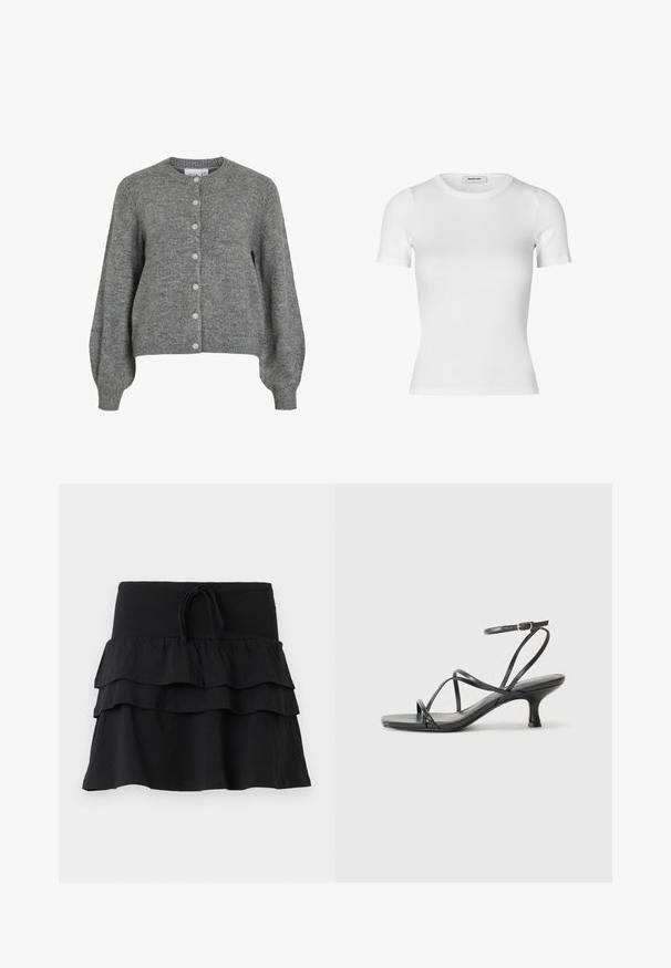 Cardigan cinza tricotado com decote redondo, mangas longas bufantes, punhos e bainha canelados, fecho frontal com sete botões brancos.; T-shirt branca de manga curta feita de material canelado. Apresenta um decote redondo e uma silhueta ajustada. Textura lisa sem padrões.; Saia preta com um design em camadas, apresentando duas camadas de frufru e uma cintura com cordão ajustável. Feita de um tecido macio para maior conforto.; Sandálias pretas de salto alto com tiras finas, design aberto na ponta e um pequeno salto largo. O material parece suave e brilhante.