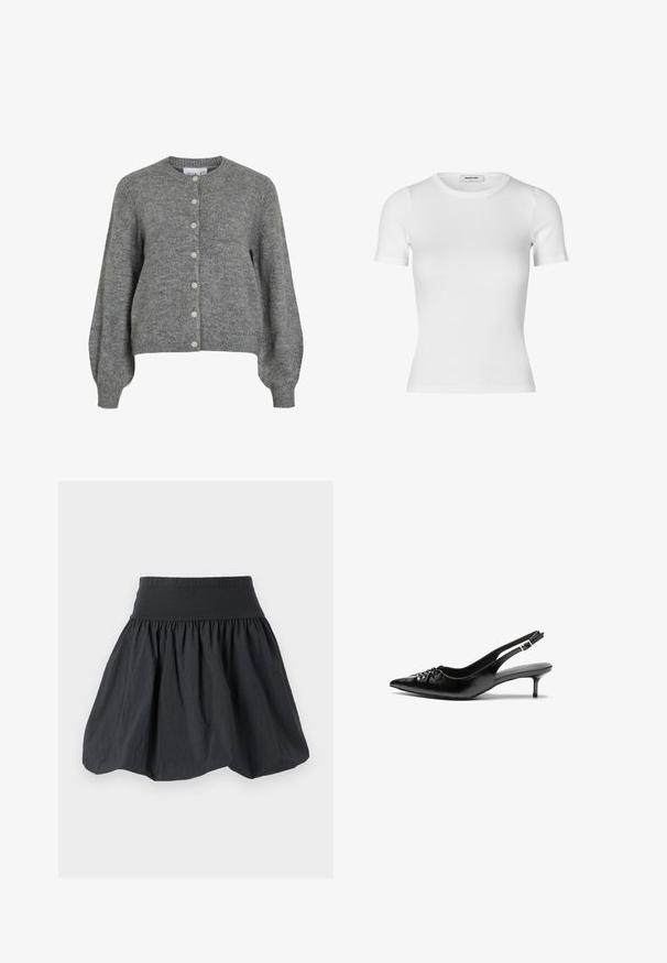 Cardigan en tricot gris avec col rond, longues manches bouffantes, poignets et ourlet côtelés, fermeture à boutons à l'avant avec sept boutons blancs.; T-shirt blanc à manches courtes en coton côtelé. Design ajusté avec un col rond et une texture lisse. Sans motifs ni embellissements.; Jupe noire à taille élastique fabriquée en tissu léger et froissé. Présente une silhouette évasée et une texture plissée pour plus de volume.; Des escarpins en cuir noir à talon slingback, avec un bout pointu, un petit talon kitten et un détail de nœud décoratif à l'avant. Texture lisse sur toute la surface.