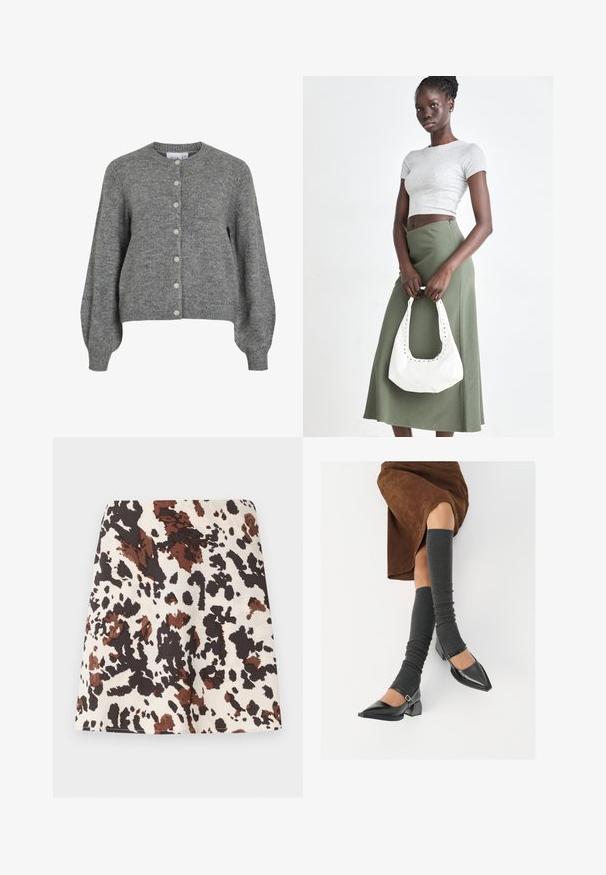 Grå stickad kofta med rund hals, långa puffärmar, ribbad ärmslut och nederkant, framknäppning med sju vita knappar.; Vit kortärmad t-shirt i ribbat bomullstyg. Fitted design med rundad halsringning och en slät textur. Ingen mönstring eller dekoration.; Kort kjol med ett mönster i cowprint i kräm, brunt och svart. Tillverkad av mjukt tyg; har en rak, figurnära design och lätt stretch.; Svarta lackläderskor med spetsig tå, blockklack och ankelrem, i kombination med grå ribbade benvärmare och en brun mockakjol.; Grå ribbad crop top och olivgrön högmidjad kjol. Modellen håller en vit axelremsväska med utskärningar. Enkelt design, tight passform.