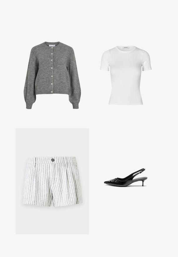 Harmaa neulottu villatakki, jossa on pyöreä kaula-aukko, pitkät puffihihat, ribbaatut hihansuut ja helma, edessä napitus seitsemällä valkoisella napilla.; Valkoinen lyhythihainen t-paita ribbineulosta. Pyöreä pääntie ja vartalonmyötäinen leikkaus. Sileä pinta ilman kuvioita.; Raidalliset shortsit vaaleanharmaana ja valkoisena, jotka on varustettu napilla, edessä on laskoksia ja ne on valmistettu pehmeästä, teksturoituneesta kankaasta.; Mustat nahkaiset slingback-korkokengät, joissa on terävä kärki, pieni kitten-korko ja koristeellinen solki edessä. Yksinkertainen pinta kauttaaltaan.