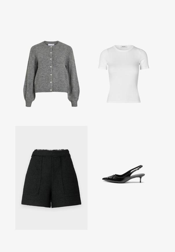 Cardigan cinza tricotado com decote redondo, mangas longas bufantes, punhos e bainha canelados, fecho frontal com sete botões brancos.; T-shirt branca de mangas curtas feita de tecido de algodão canelado. Design ajustado com decote redondo e textura suave. Sem padrões ou adornos.; Calças curtas pretas feitas de um tecido texturizado com bainha desfiada, apresentando dois bolsos frontais e um ajuste estruturado.; Sapatos de salto alto slingback em couro preto com bico fino, pequeno salto kitten e um detalhe decorativo em forma de nó na parte da frente. Textura suave em toda a parte.