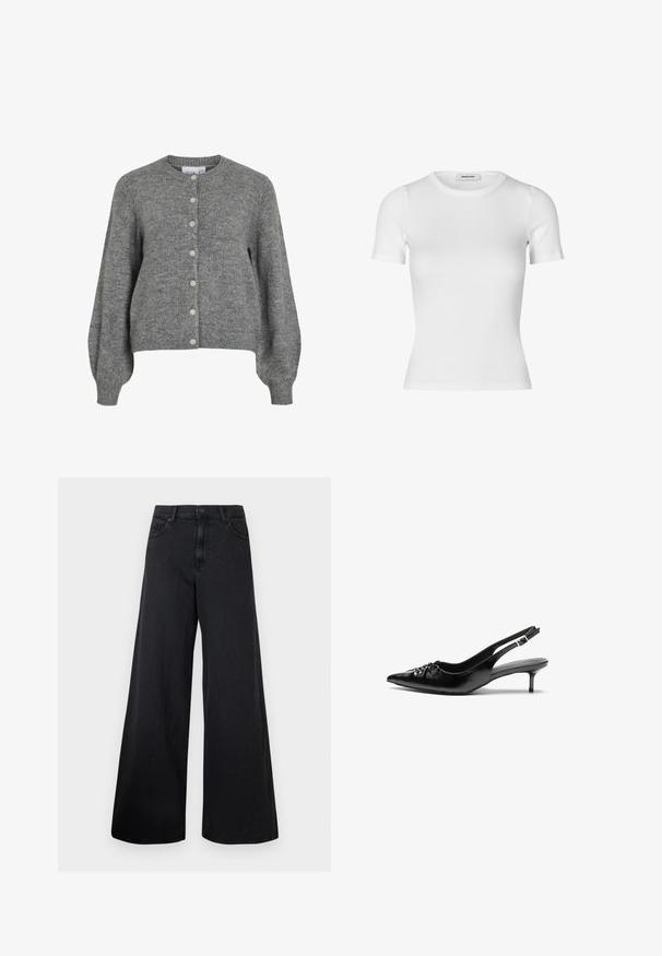 Siv veste iz pletenine z okroglo ovratnikom, dolgimi pufastimi rokavi, rebrastimi manšetami in robom, sprednjim zapiranjem na gumb s sedmimi belimi gumbi.; Bela kratka majica s kratkimi rokavi iz rebrastega bombaža. Prilegajoč dizajn s krožnim izrezom in gladko teksturo. Brez vzorcev ali okrasnih elementov.; Črne široke jeans hlače z visokim pasom in sprednjim gumbom, prikazane proti preprosti podlagi.; Črne usnjene slingback pete z izostrenim nosom, majhno mačje peto in okrasno vozličasto podrobnostjo na sprednjem delu. Gladka tekstura po celotni površini.