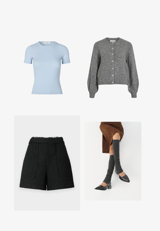 Grijze gebreide cardigan met ronde hals, lange puffmouwen, geribde manchetten en zoom, en een voor sluiting met zeven witte knopen.; Lichtblauw geribbeld T-shirt met korte mouwen en een ronde halslijn. Zachte textuur, aansluitend ontwerp zonder zichtbare logo's of versieringen.; Zwarte shorts van textuurstof met een rafelige zoom, voorzien van twee voorzakken en een getailleerde pasvorm.; Zwarte gepatineerde leren pumps met een puntige neus, een blokhak en een enkelbandje, gecombineerd met grijze geribde beenwarmers en een bruine suède rok.