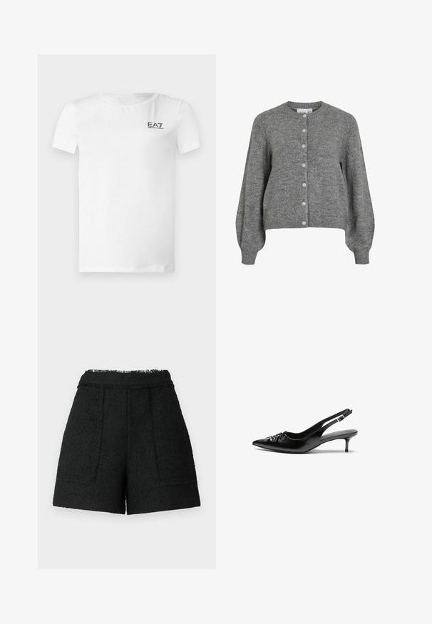 Sivi pleteni kardigan s okruglim izrezom, dugim puf rukavima, rebrastim manžetama i rubom, prednje kopčanje na gumbe s sedam bijelih gumba.; Bijela majica kratkih rukava od mekanog materijala, s crnim izvezenim logom na gornjoj lijevoj strani, okruglim izrezom i ravnim rubom.; Crne kratke hlače od teksturiranog materijala s razderanim rubom, s dva prednja džepa i krojem koji naglašava figuru.; Crne kožne sandale na petu s ikkrenim nosom, malom kitten petom i dekorativnom mašnom sprijeda. Glatka tekstura svuda.