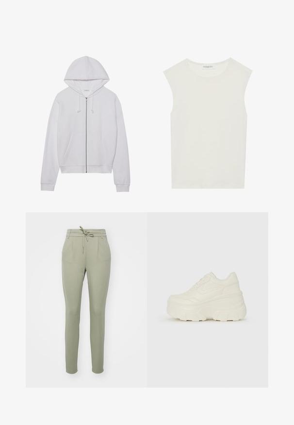 Sweatshirt branco com fecho éclair, feito de tecido macio, apresentando capuz, cordões e bolsos frontais. Corte simples e descontraído com punhos e bainha em canelado.; Top branco sem mangas com decote redondo. Feito de um tecido liso, apresenta um corte descontraído e um design minimalista. Sem padrões ou detalhes.; Calças verde-claro em pérpendiculares com cintura elástica, pregas frontais e punhos elásticos, feitas de um tecido suave e liso.; Tênis brancos de plataforma com um cabedal suave semelhante a couro, formato arredondado, colarinho acolchoado e sola de borracha texturizada com ranhuras bem definidas.