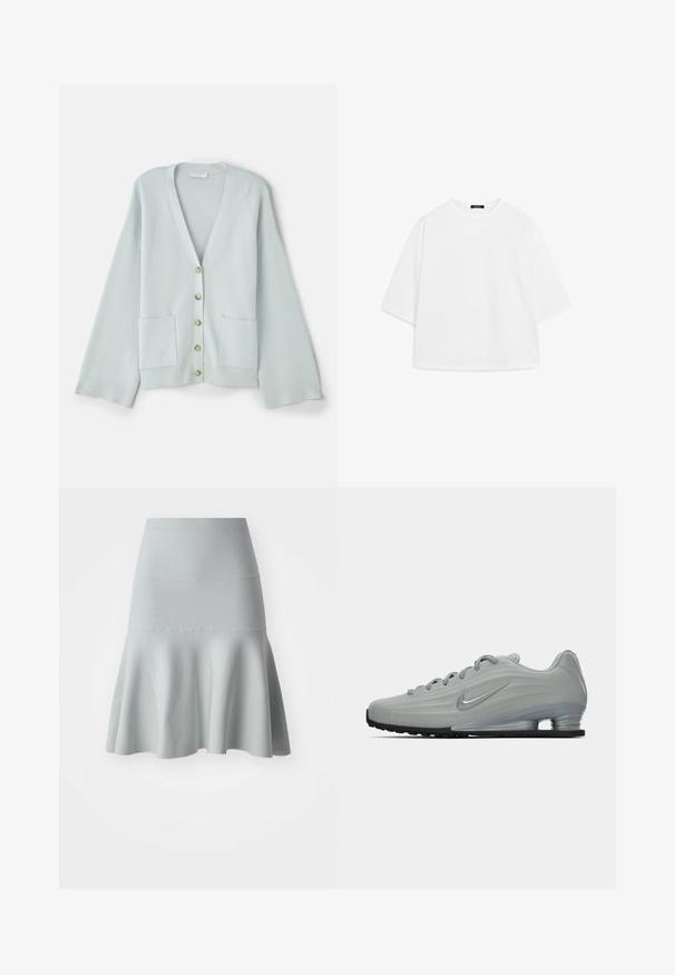 Světle zelený cardigan s výstřihem do V, dlouhými rukávy, předními kapsami a šesti kulatými knoflíky. Hladká textura a uvolněný střih.; Bílé pře oversized tričko vyrobené z měkké bavlny. Má krátké rukávy, kulatý výstřih a volný střih bez viditelných vzorů nebo akcentů.; Svetle modrá áčková sukně vyrobená z texturované tkaniny. Má přiléhavý pas a měkký, vlnitý lem. Jednoduchý design bez vzorů.; Boční pohled na světle šedou Nike tenisku s tkaničkami, logem swoosh a průhlednou tlumící podrážkou na jednobarevném pozadí.