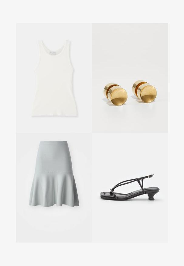 Svetlozelený kardigán s výstrihom do V, dlhými rukávmi, prednými vreckami a šiestimi guľatými gombíkmi. Hladká textura a voľný strih.; Biele rebrové tielko s okrúhlym výstrihom a širokými ramienkami, s jemnou textúrou a priliehavým strihom.; Svetlomodrá rozšírená sukňa vyrobená z textúrovanej látky. Disponuje priliehavým pásom a jemným vlnitým okrajom. Jednoduchý dizajn bez vzorov.; Čierne kožené sandále s tenkými remienkami, nízkym blokovým opätkom a štvorcovou špičkou. Majú pracku na uzatvorenie a hladký povrch.; Zlaté kovové náušnice so jednoduchým okrúhlym tvarom, ktoré majú hladký povrch a centrálne lesklé pásiky. Majú priemer približne 1 cm.