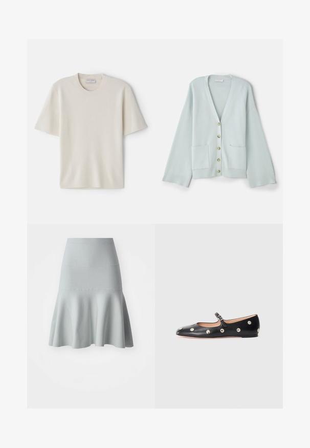 Light green cardigan with a V-neck, long sleeves, front pockets, and six round buttons. Smooth texture and relaxed fit design.; Cream short-sleeve t-shirt with a round neckline, made from soft material, featuring a straight cut and minimal detailing.; Light blue flared skirt made of a textured fabric. Features a fitted waistband and a soft, wavy hemline. Simple design with no patterns.; Black leather Mary Jane flat shoe with a rounded toe, featuring silver circular studs and an adjustable strap with a buckle.