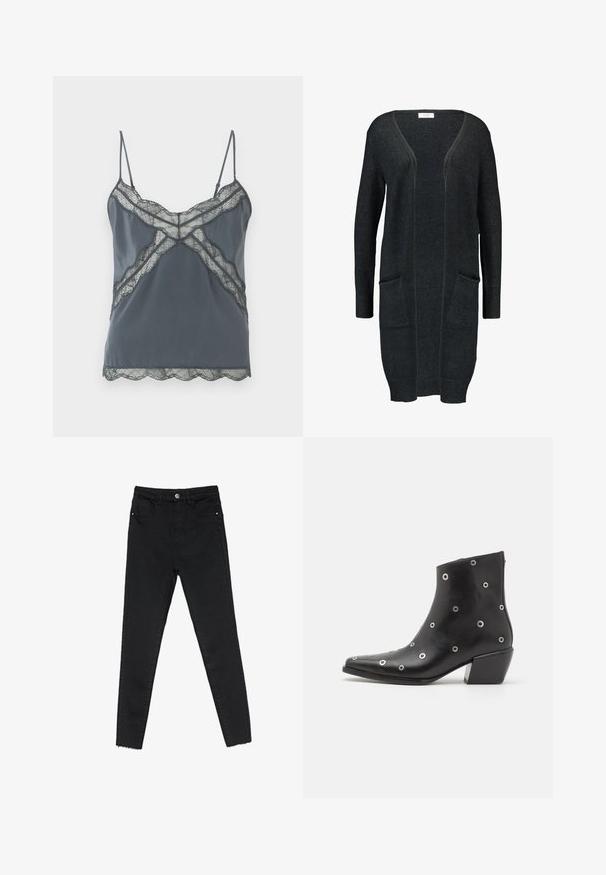 Langer Cardigan in Dunkelgrau mit V-Ausschnitt, offener Front, zwei Vorderfächern und gerippten Bündchen. Hergestellt aus einem weichen, strukturierten Stoff.; Dunkelgraues Camisole mit dünnen verstellbaren Trägern, Spitzendetails am Ausschnitt und Saum, glatter Stoff und gewellter Rand.; Schwarze enge Jeans aus Denim mit hoher Taille, Fünf-Taschen-Design und rohem Saum an den Knöcheln. Klassischer Knopf- und Reißverschluss.; Schwarze Leder-Ankle-Boots mit silbernen Ösen-Details, spitzer Zehenform und Blockabsatz. Schickes Design mit glatter Textur.