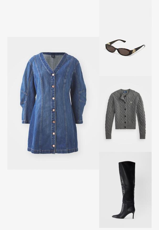 Grå stickad cardigan med ett kabelmönster, med rund halsringning, knappstängning och mörka knappar. Litet logotyp på bröstet.; Blå denimklänning med V-ringning, långa ärmar och knäppning framtill. Har kontrasterande sömmar och fickor på sidorna.; Svart läder över-knä stövel med spetsig tå, stiletto-klack och en elegant design som har en logodetalj vid ankeln.; Sköldpaddsformade solglasögon med avlånga ovala linser, brunt toning, guldfärgade logotypdetaljer på skalmarna och slanka svarta skaft.