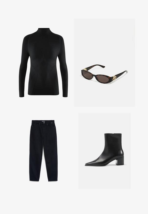 Grijze gebreide cardigan met een kabelpatroon, voorzien van een ronde halslijn, knoopsluitingen en donkere knopen. Klein logo op de borst.; Zwarte sportshirt met lange mouwen en hoge kraag, met textuurpanelen, gladde stof en een aansluitend ontwerp. Logo op de voorkant weergegeven.; Zwarte denim jeans met een rechte pijp, vijf zakken en een knoopsluiting. De stof heeft een gladde textuur en minimale zichtbare stiksels.; Zwarte leren enkellaars met een spitse neus, een soepele textuur en een middenblokhak. Minimalistisch ontwerp, ritssluiting aan de achterkant.; Schildpadbril met langwerpige ovale lenzen, bruine tint, gouden logo-accenten op de pootjes en slanke zwarte armen.