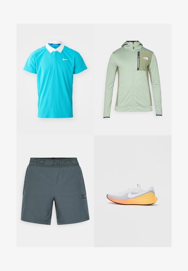 The North Face MOUNTAIN ATHLETICS FULL ZIP JACKET - Veste polaire - slate moss/bark mist; Polo turquoise avec un col blanc, des manches courtes et un petit logo Nike blanc sur la poitrine gauche. Fabriqué en tissu texturé.; Shorts de sport gris en tissu léger, dotés d'une taille élastique avec "NIKE PRO" imprimé et d'un petit logo sur le côté.; Basket de course bleu clair avec une tige en mesh respirant. Présente un swoosh blanc, une semelle intermédiaire orange et jaune, et une semelle extérieure noire pour l'adhérence.